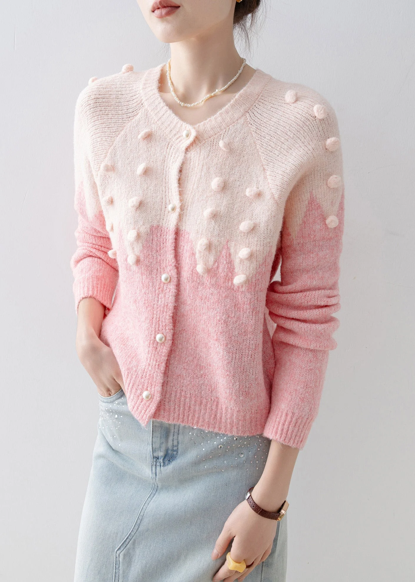 Casual Pink O Neck Fuzzy Ball Decorated Knit Cardigans Spring - Image 4