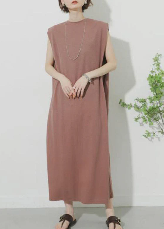 Casual Pink O-Neck Solid Maxi Dress Summer - Image 3