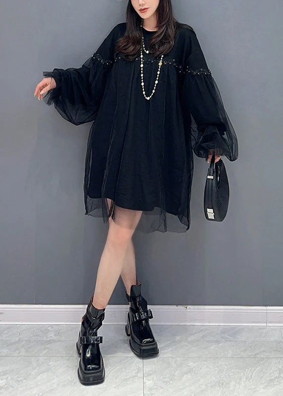 Casual Pink O Neck Tulle Patchwork Cotton Mid Dresses Fall - Image 4