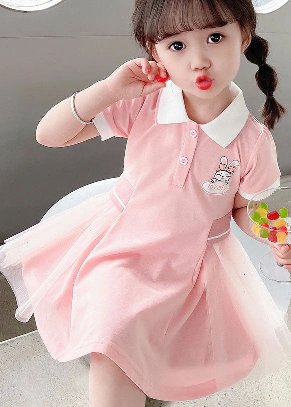 Casual Pink Peter Pan Collar Tulle Patchwork Cotton Kids Girls Dress Summer - Image 2