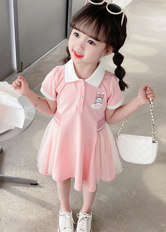 Casual Pink Peter Pan Collar Tulle Patchwork Cotton Kids Girls Dress Summer - Image 3