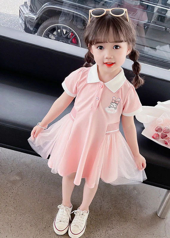 Casual Pink Peter Pan Collar Tulle Patchwork Cotton Kids Girls Dress Summer - Image 4