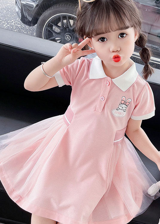 Casual Pink Peter Pan Collar Tulle Patchwork Cotton Kids Girls Dress Summer - Image 5