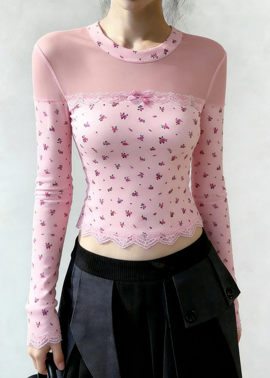 Casual Pink Print Patchwork Tulle Shirt Tops Spring - Image 3