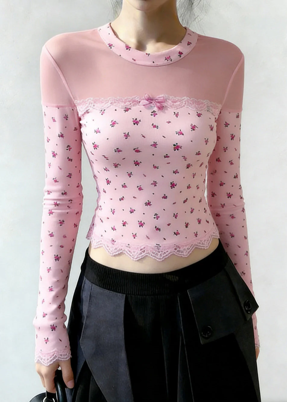 Casual Pink Print Patchwork Tulle Shirt Tops Spring - Image 5