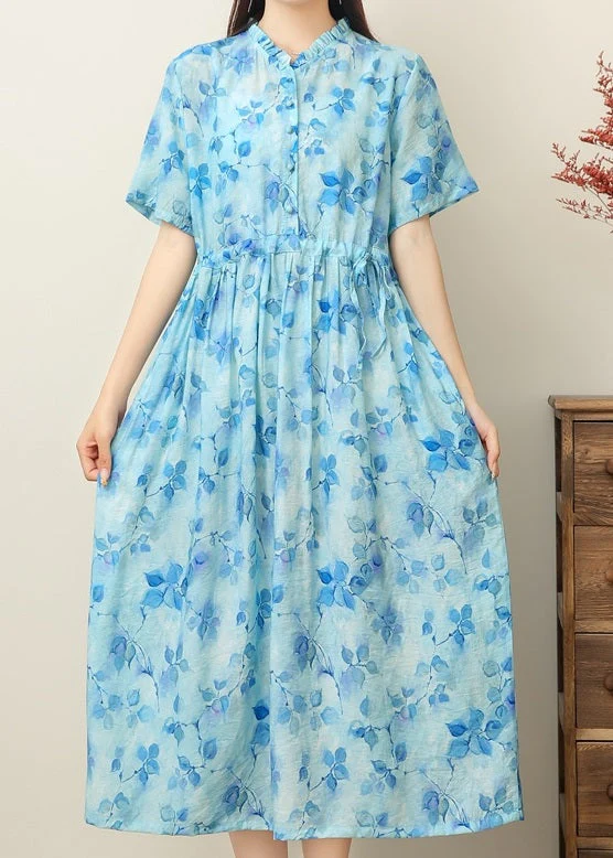 Casual Pink Print Ruffled Patchwork Drawstring Silk Linen Long Dress Short Sleeve - Image 2