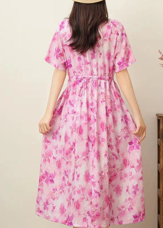 Casual Pink Print Ruffled Patchwork Drawstring Silk Linen Long Dress Short Sleeve - Image 4