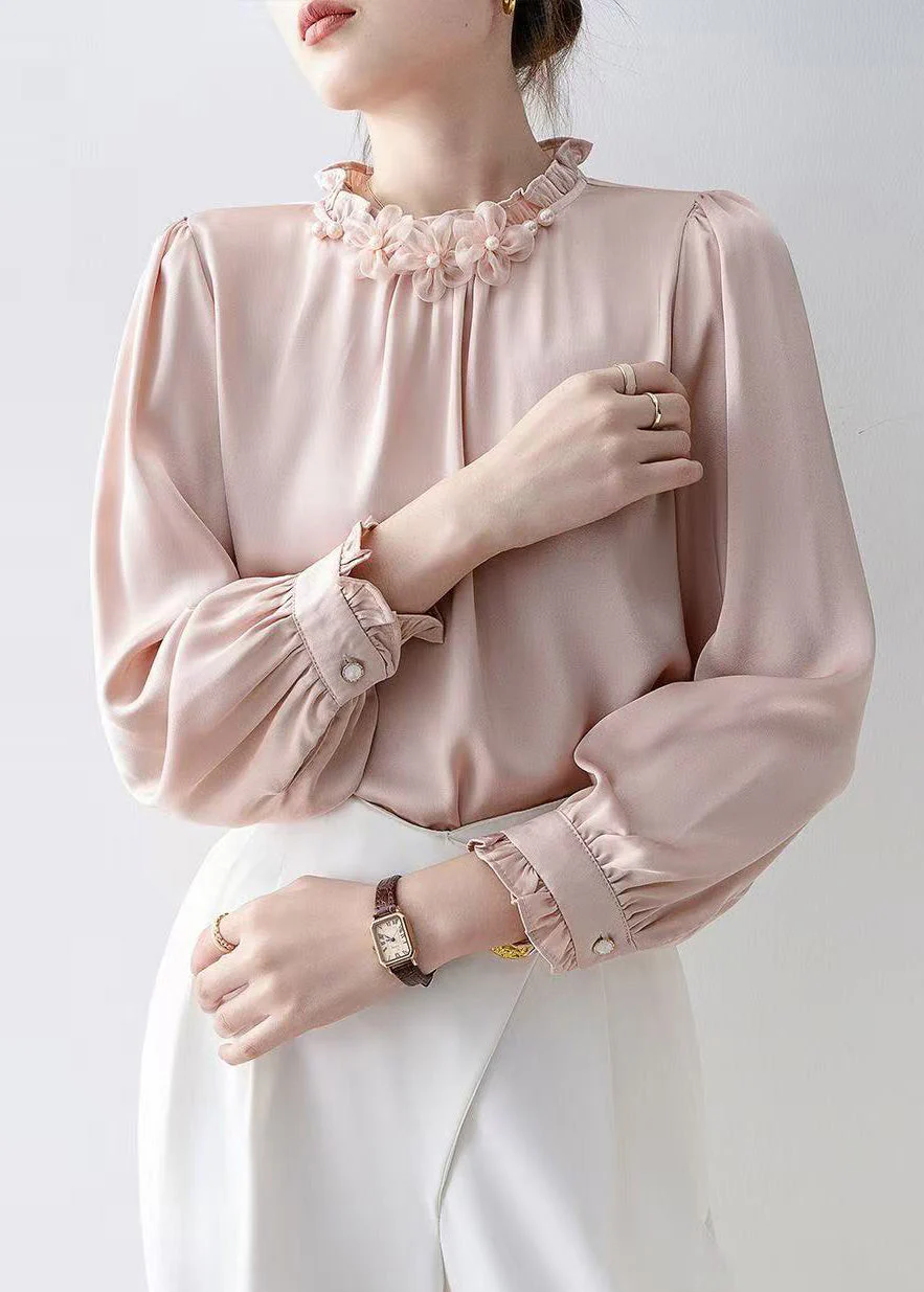 Casual Pink Ruffled Floral Chiffon Tops Spring - Image 3