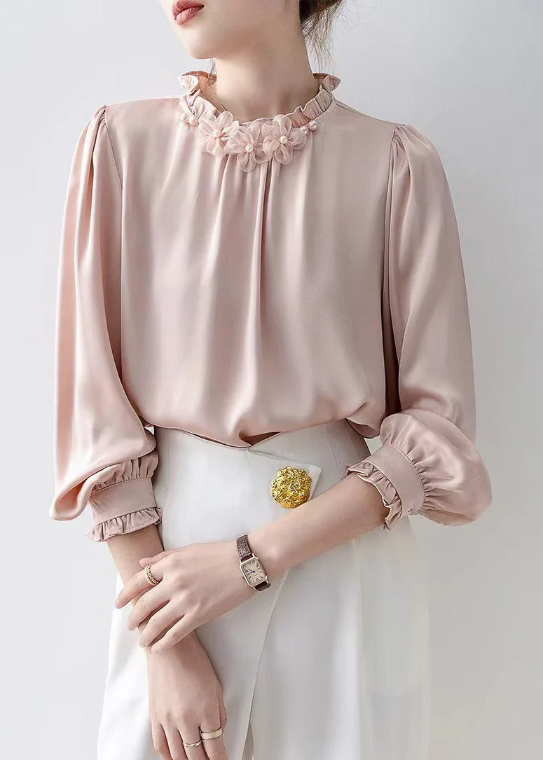 Casual Pink Ruffled Floral Chiffon Tops Spring - Image 4