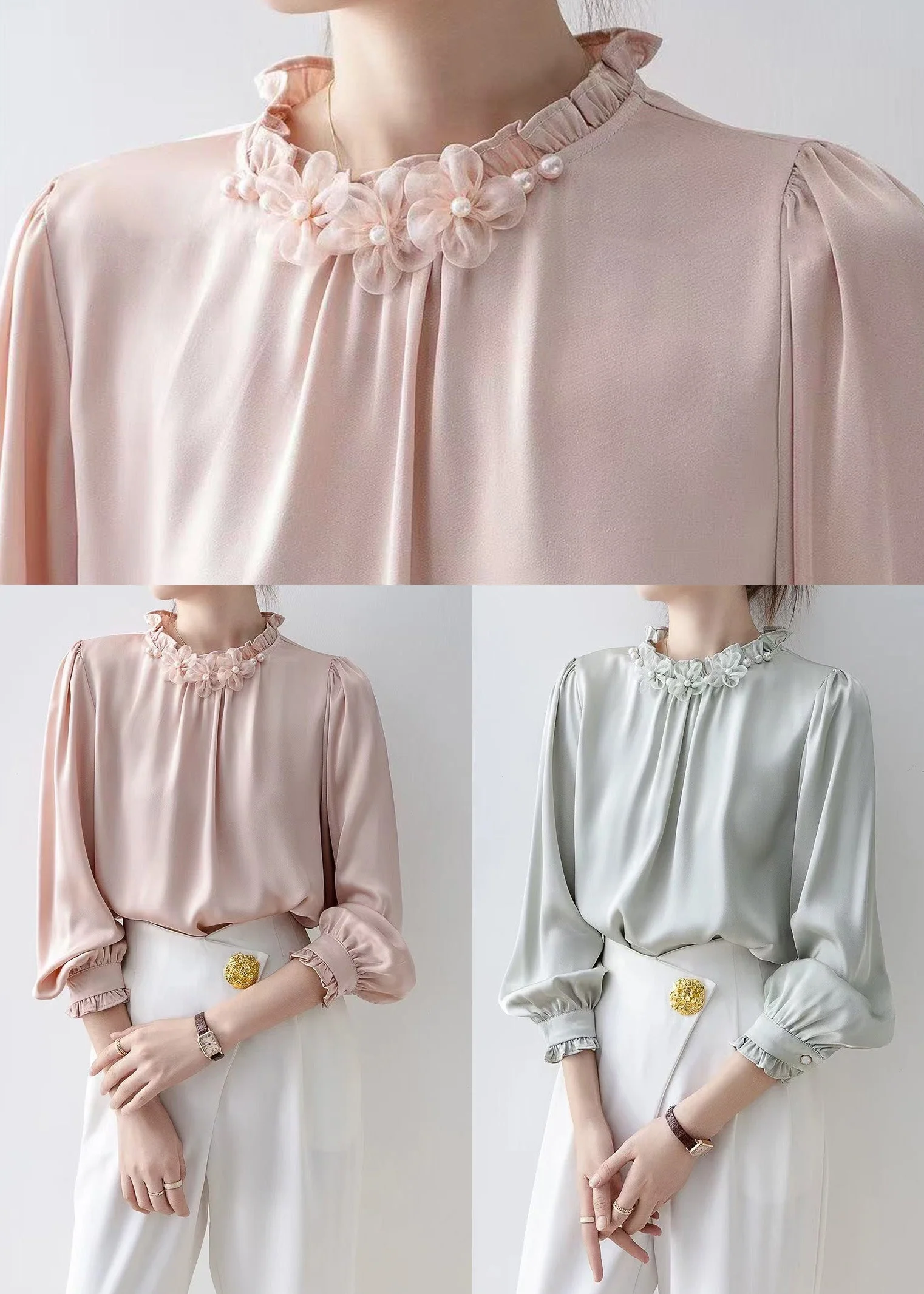 Casual Pink Ruffled Floral Chiffon Tops Spring - Image 5