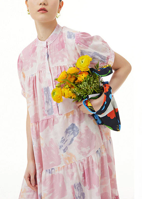 Casual Pink Stand Collar Patchwork Maxi Dress Summer Short Sleeve - Image 4