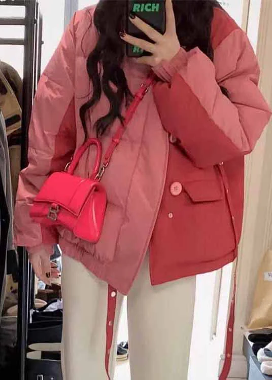 Casual Pink Stand Collar Pockets Fine Cotton Filled Jacket Winter - Image 3