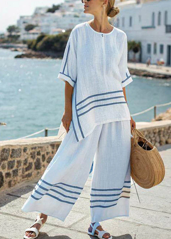 Casual Pink Striped O-Neck Side Open T Shirts And Wide Leg Pants Two Pieces Set Summer - Image 3