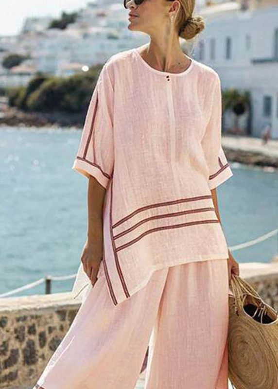 Casual Pink Striped O-Neck Side Open T Shirts And Wide Leg Pants Two Pieces Set Summer - Image 5