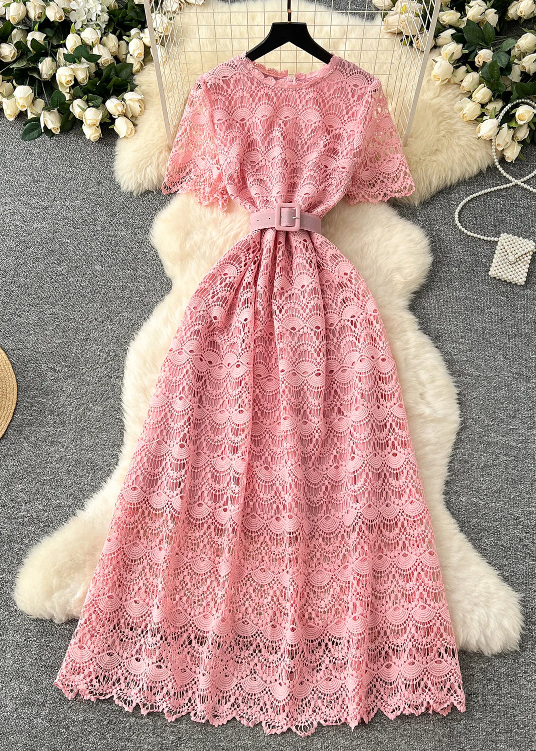 Casual Pink Tie Waist Lace Party Dress Summer