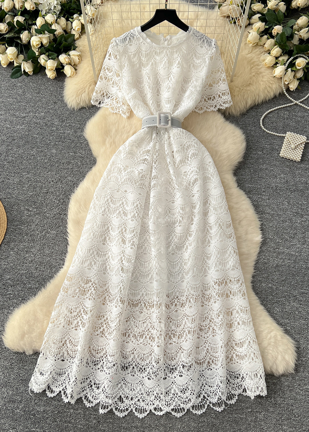 Casual Pink Tie Waist Lace Party Dress Summer - Image 2