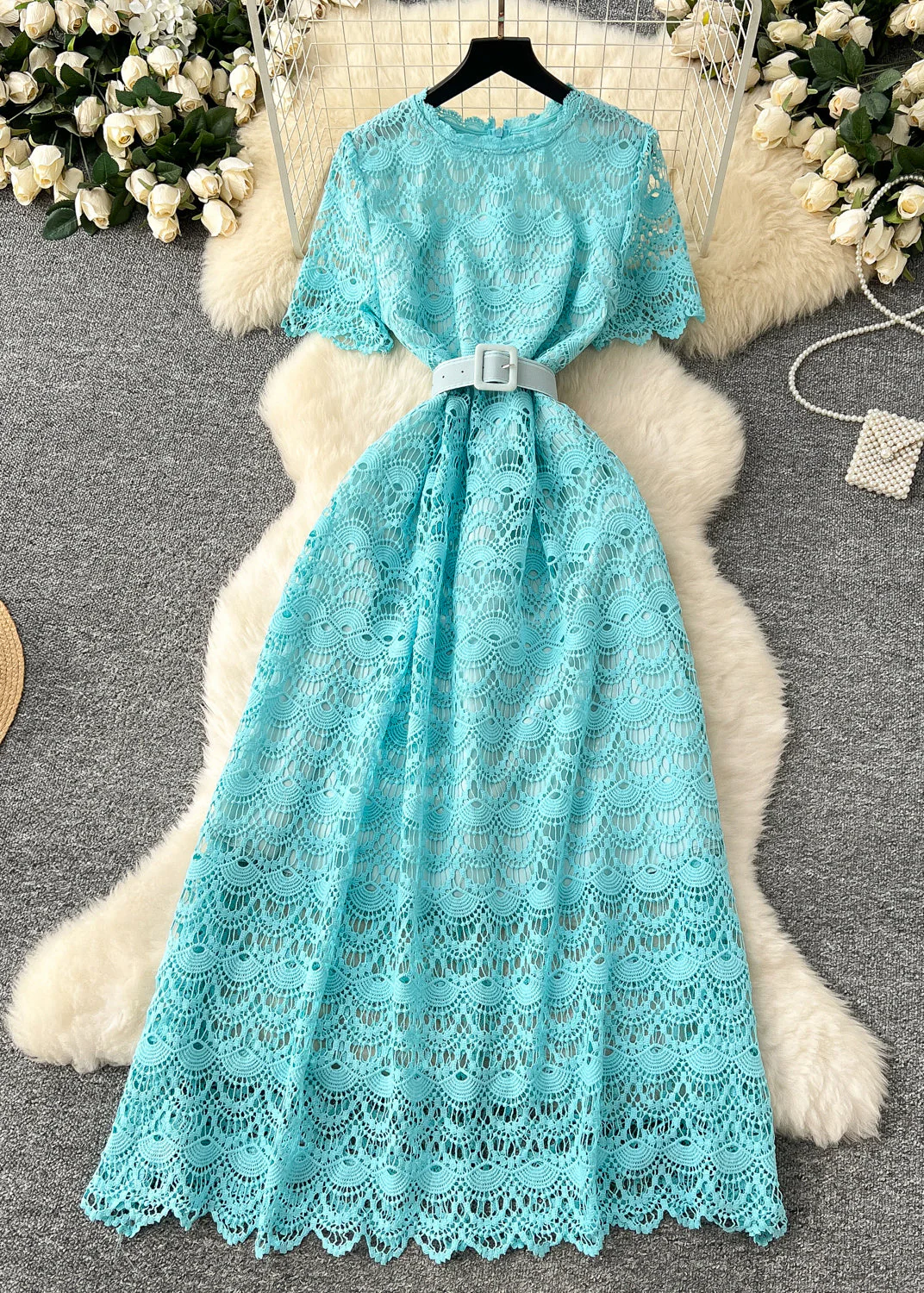 Casual Pink Tie Waist Lace Party Dress Summer - Image 3