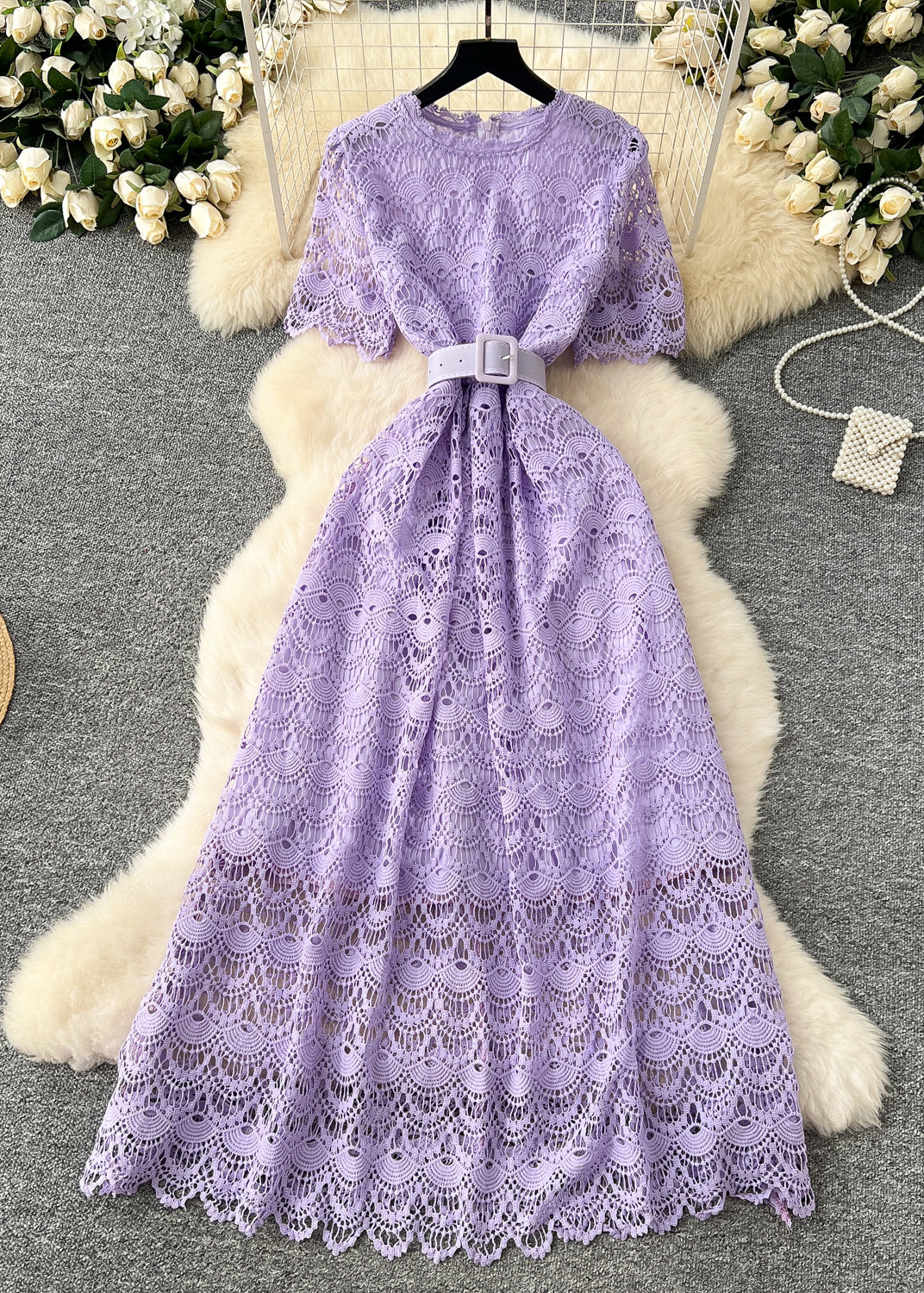 Casual Pink Tie Waist Lace Party Dress Summer - Image 4