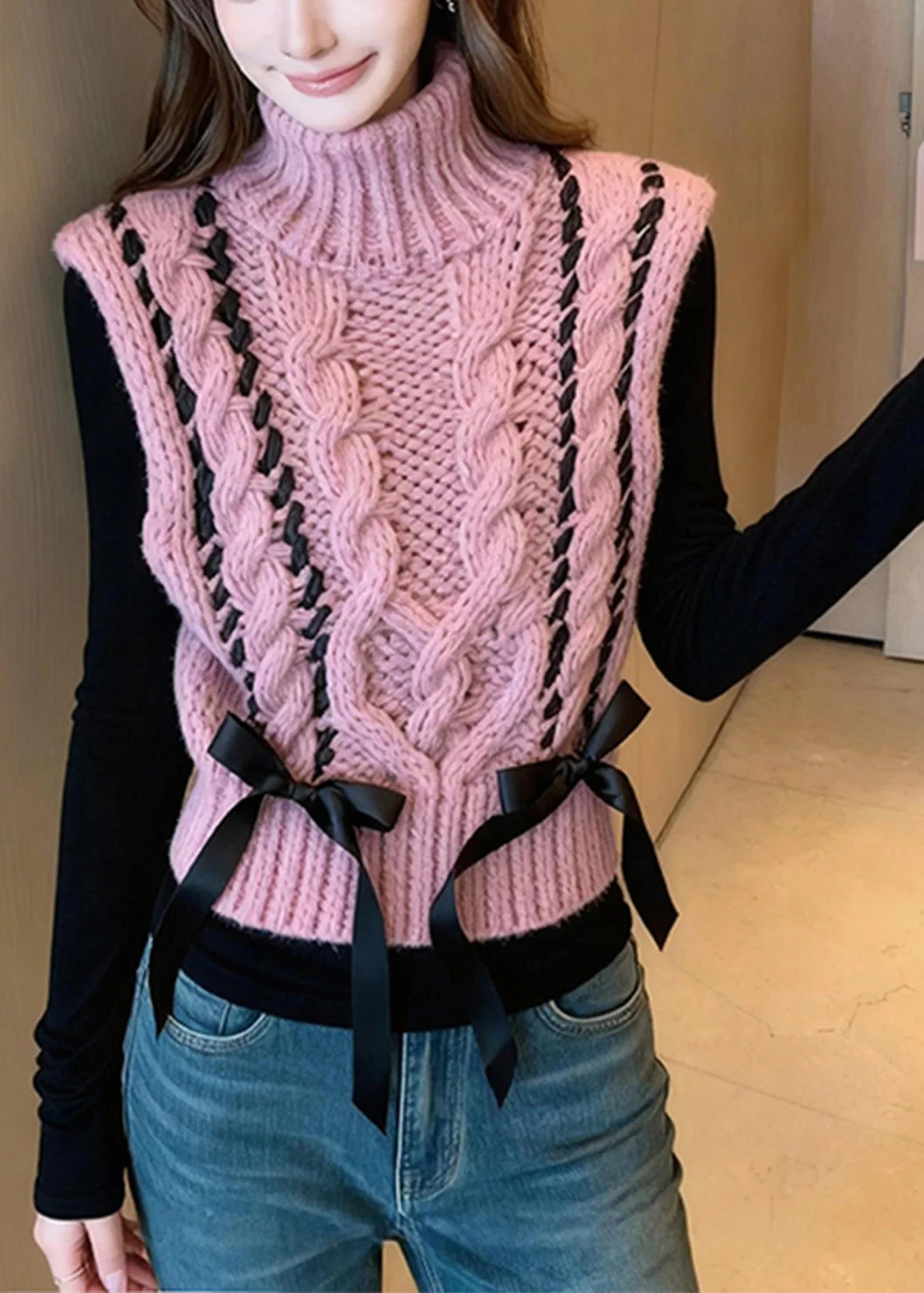 Casual Pink Turtle Neck Bow Warm Knit Vest Winter - Image 2