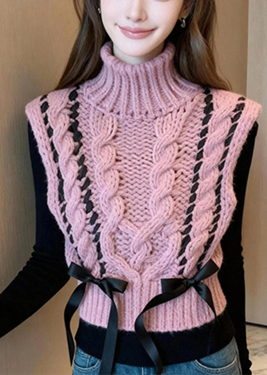 Casual Pink Turtle Neck Bow Warm Knit Vest Winter - Image 3