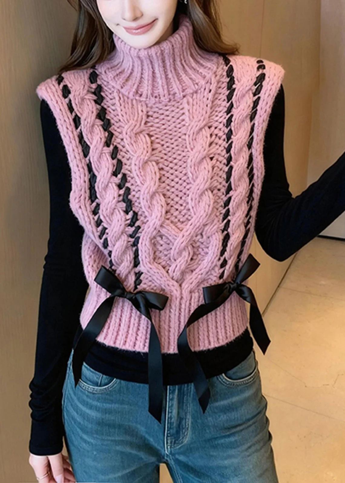 Casual Pink Turtle Neck Bow Warm Knit Vest Winter - Image 4