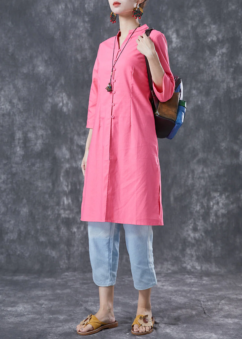 Casual Pink V Neck Button Cotton Shirt Dresses Bracelet Sleeve - Image 2