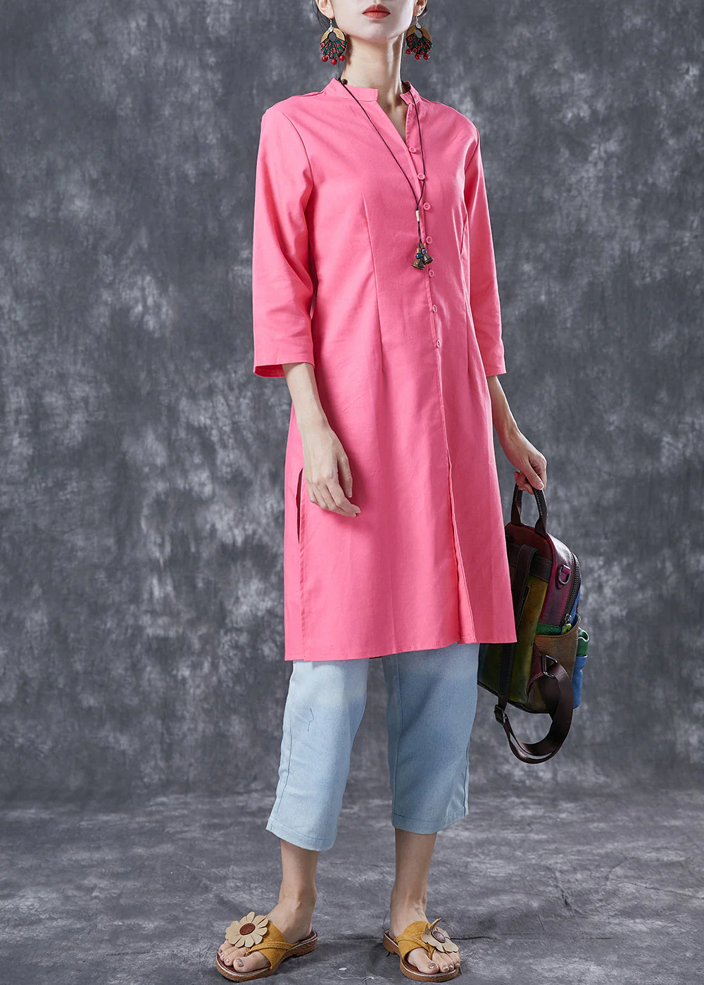 Casual Pink V Neck Button Cotton Shirt Dresses Bracelet Sleeve - Image 3