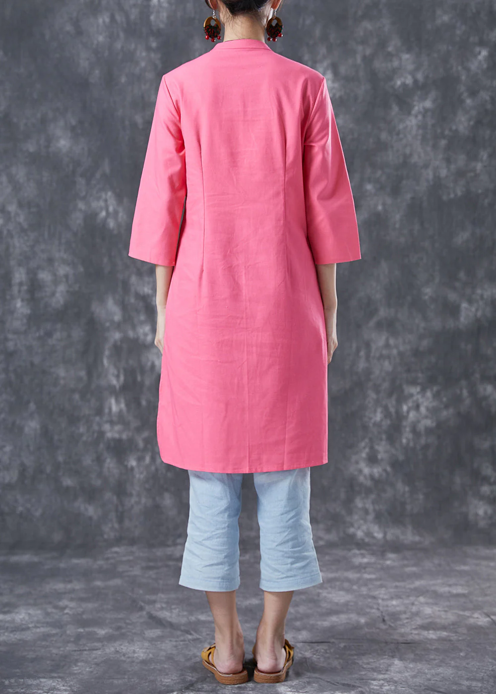 Casual Pink V Neck Button Cotton Shirt Dresses Bracelet Sleeve - Image 4
