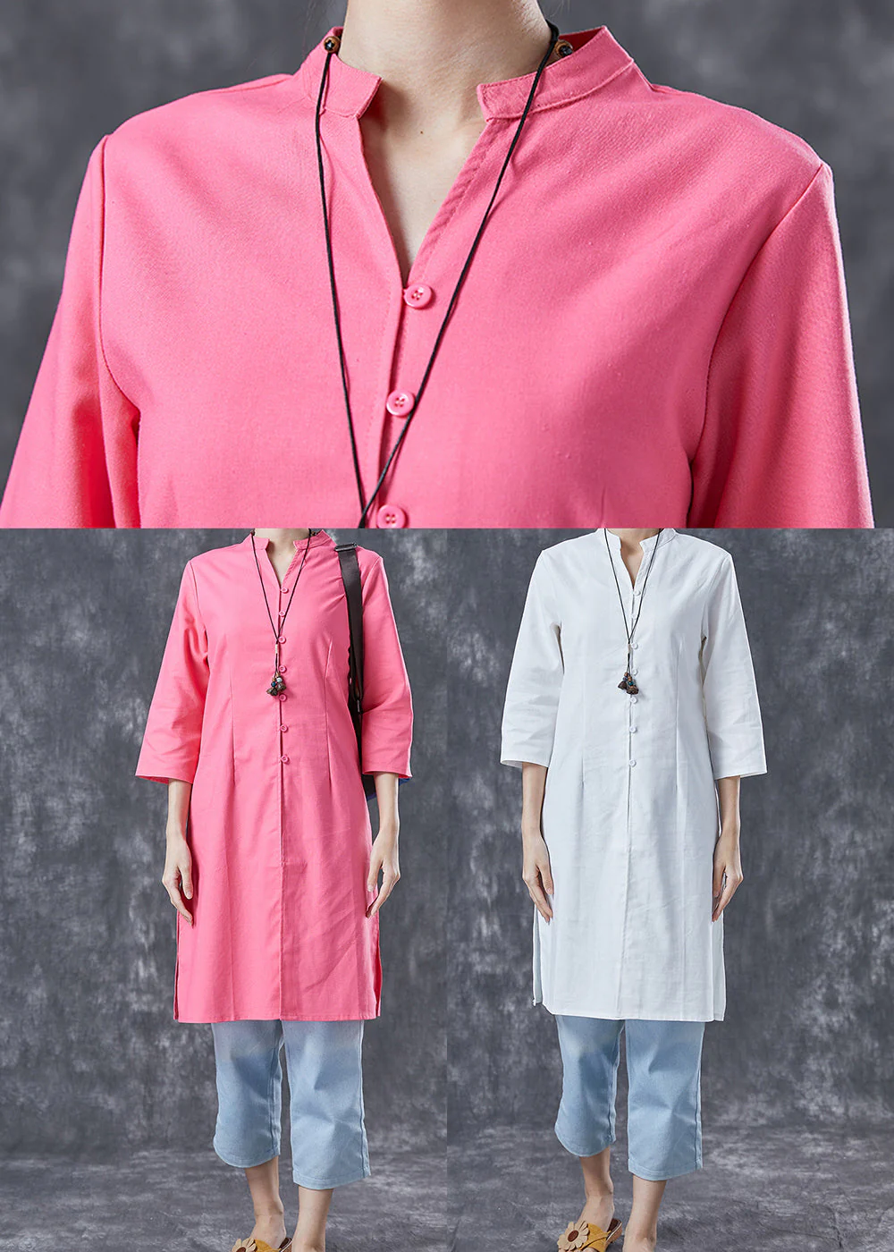 Casual Pink V Neck Button Cotton Shirt Dresses Bracelet Sleeve - Image 5