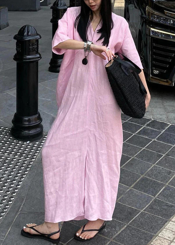 Casual Pink V Neck Cotton Long Dresses Summer - Image 2