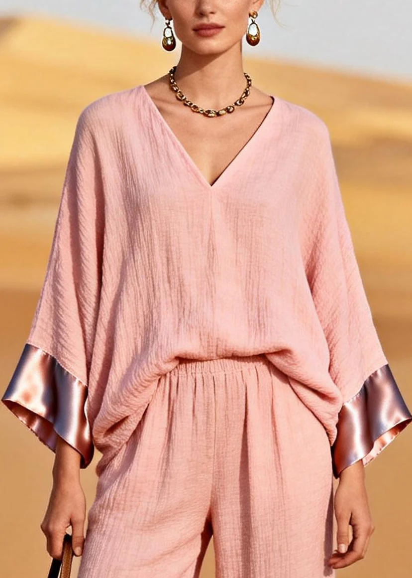Casual Pink V Neck Patchwork Cotton Two Piece Set Women Clothing Spring - Image 2