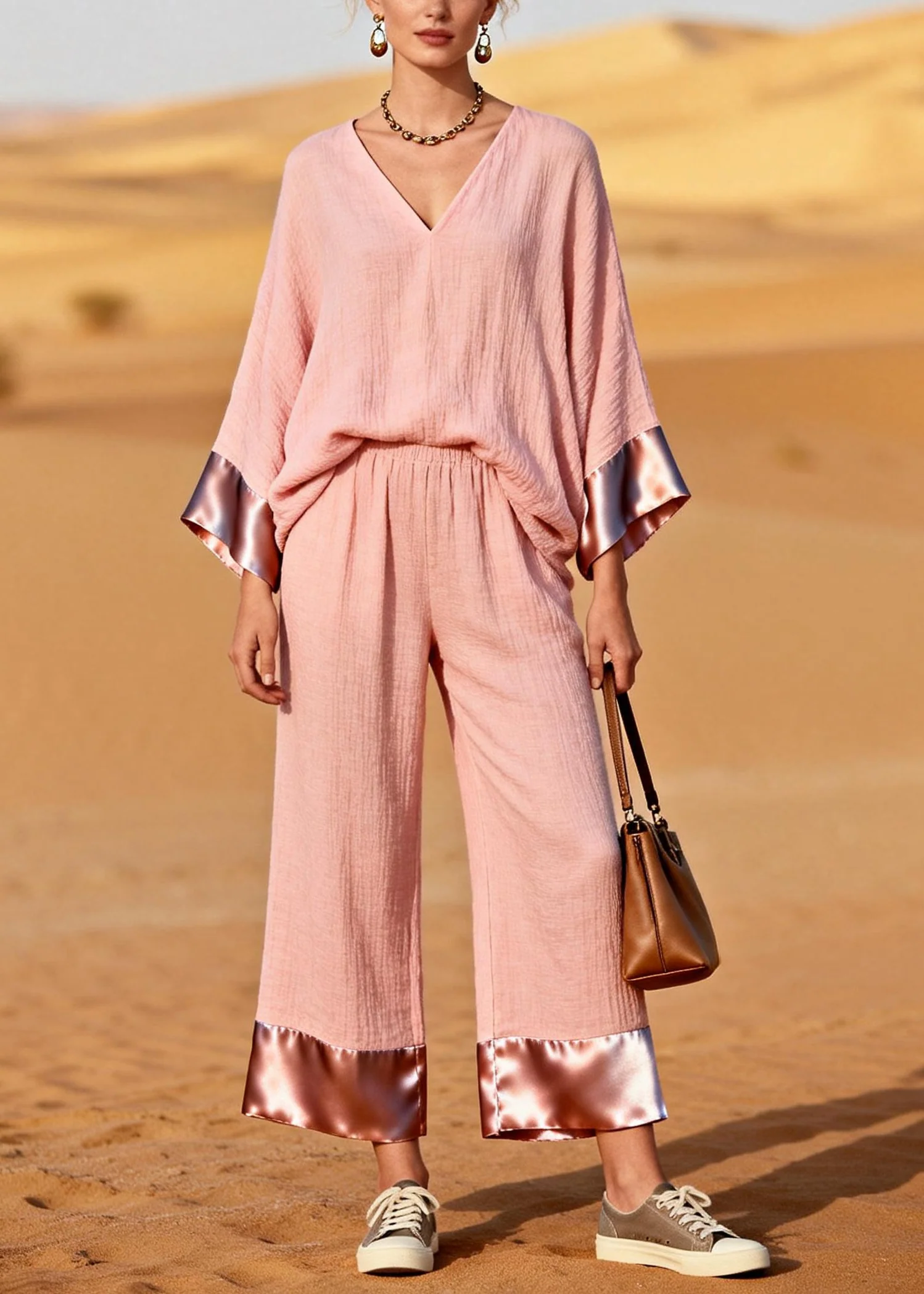 Casual Pink V Neck Patchwork Cotton Two Piece Set Women Clothing Spring - Image 3