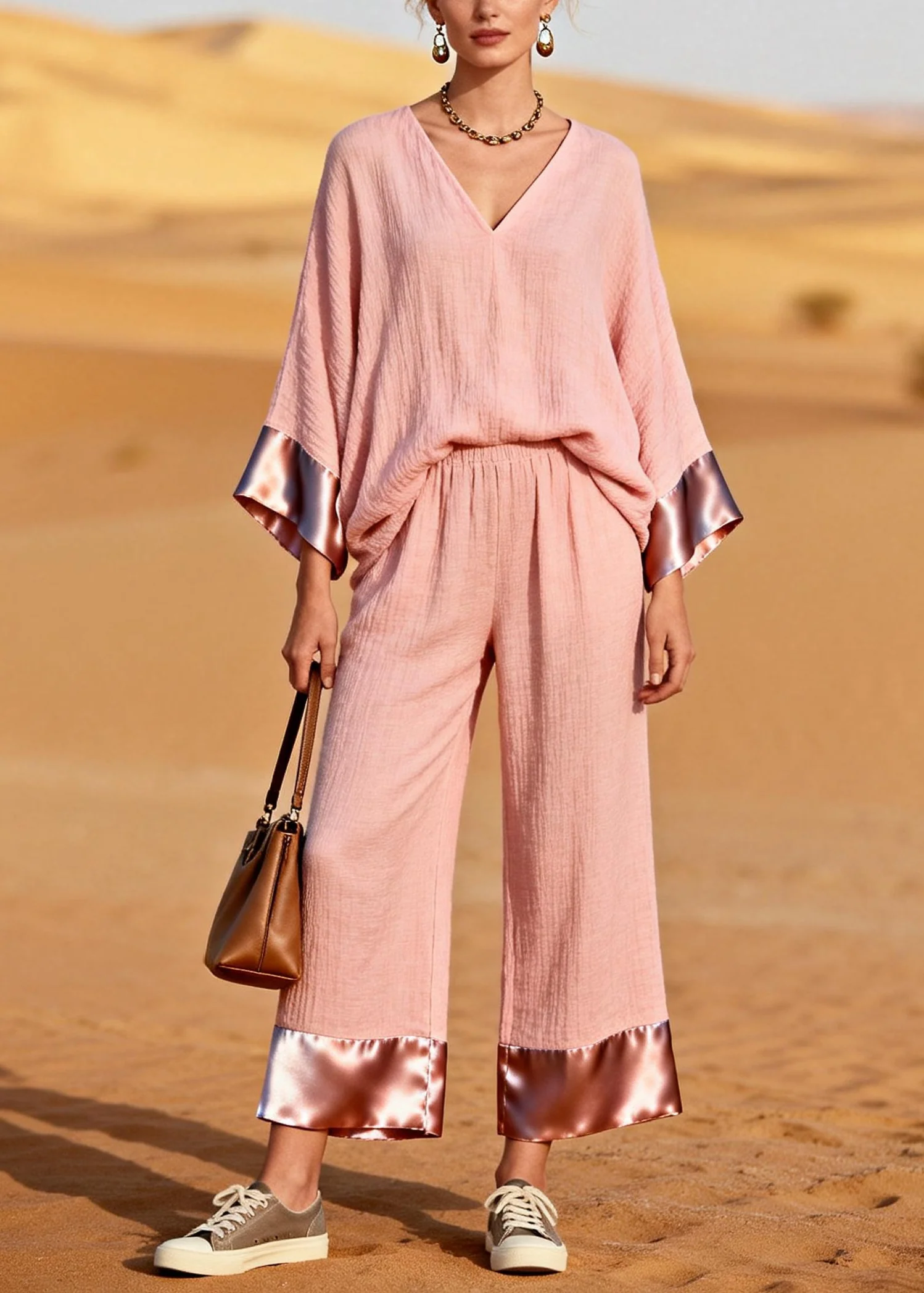 Casual Pink V Neck Patchwork Cotton Two Piece Set Women Clothing Spring - Image 5