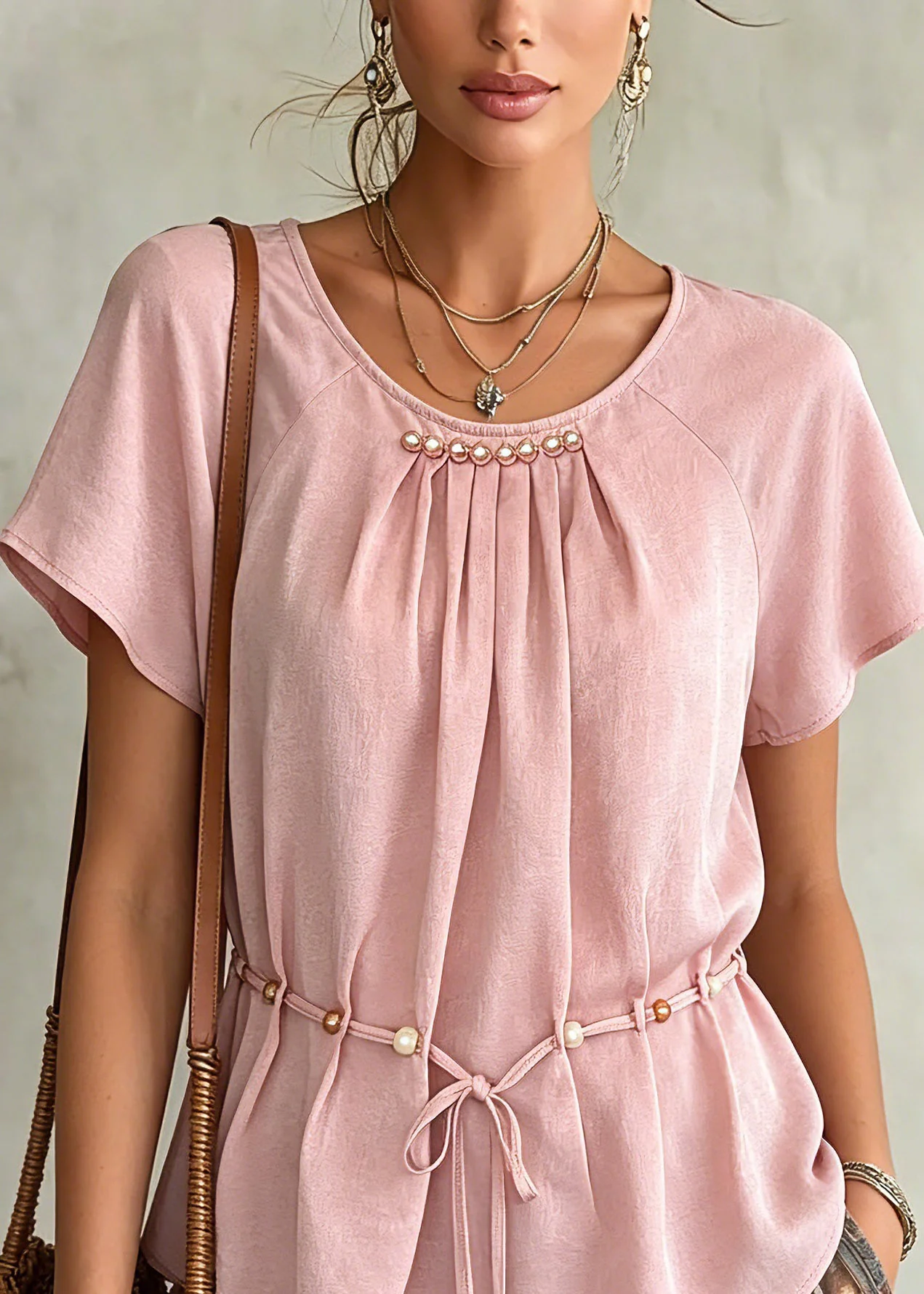 Casual Pink Wrinkled Tie Waist Chiffon Shirts Summer - Image 2