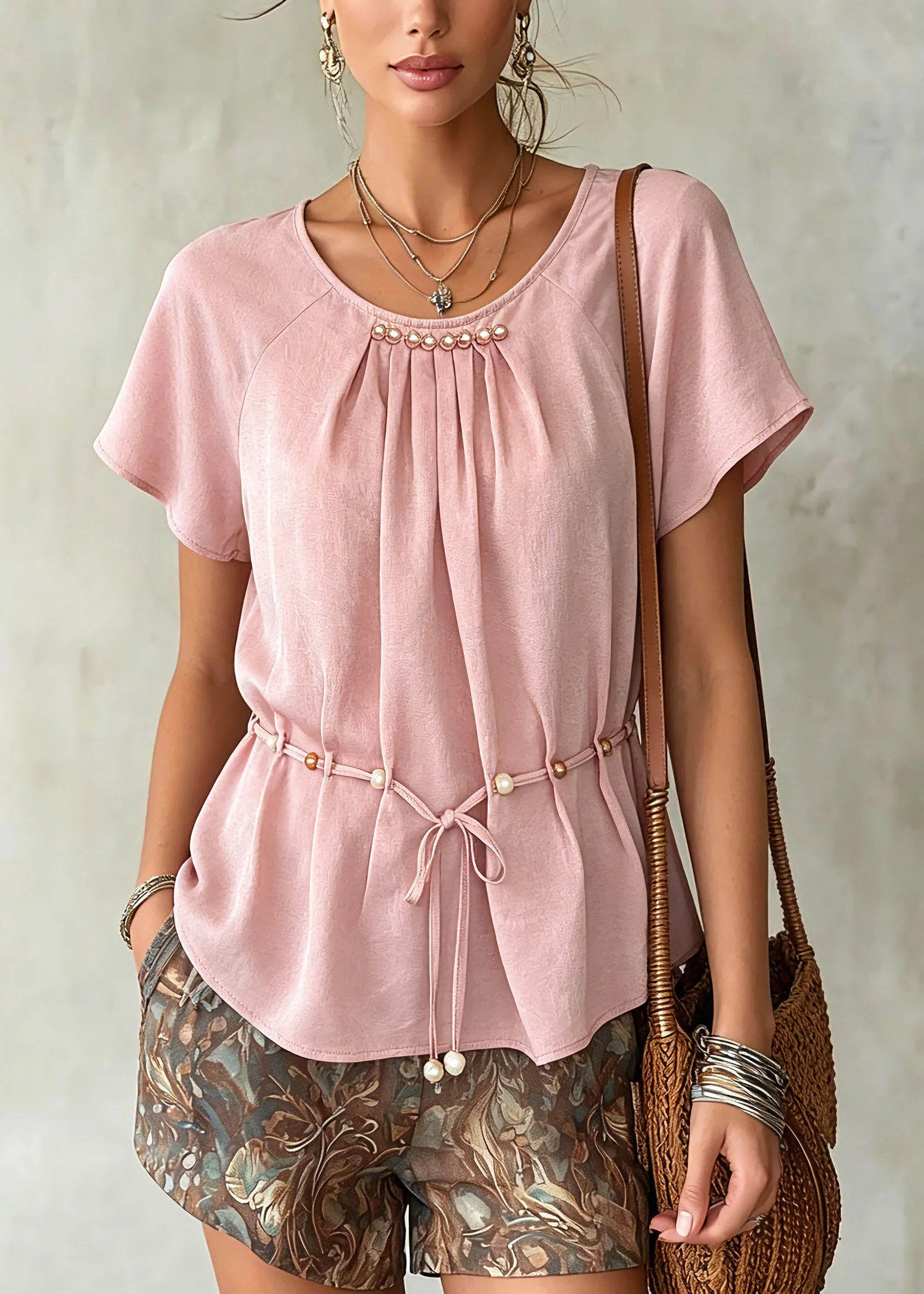 Casual Pink Wrinkled Tie Waist Chiffon Shirts Summer - Image 3