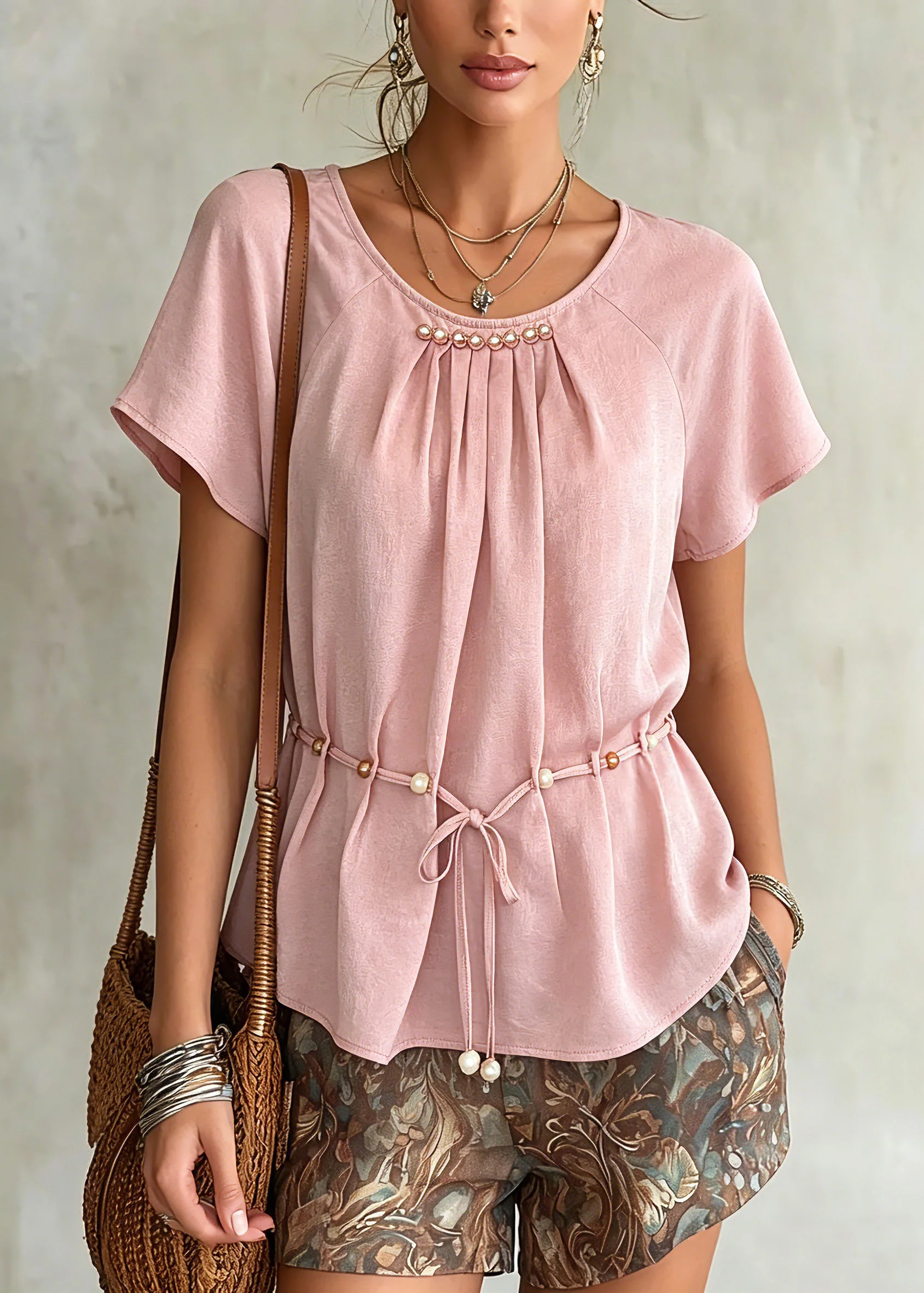 Casual Pink Wrinkled Tie Waist Chiffon Shirts Summer - Image 5