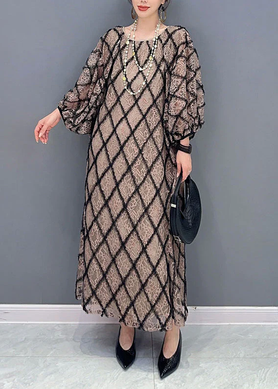 Casual Plaid O Neck Patchwork Tulle Long Dress Fall - Image 2