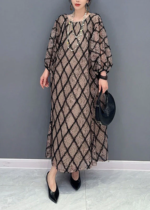 Casual Plaid O Neck Patchwork Tulle Long Dress Fall - Image 3
