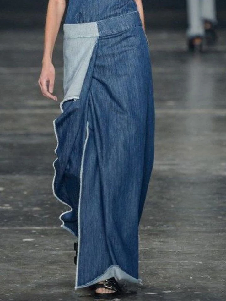 Casual Plain Spliced Sleeveless Maxi Denim Dress - Image 3