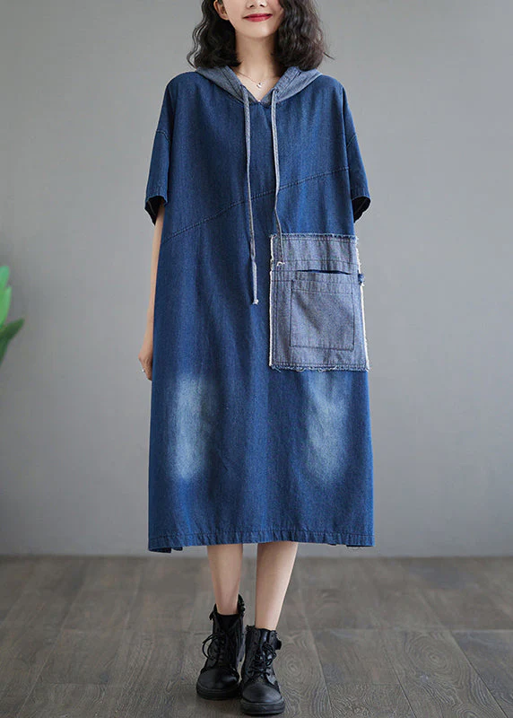 Casual Plus Size Blue Hooded Patchwork Denim Dress Summer - Image 4