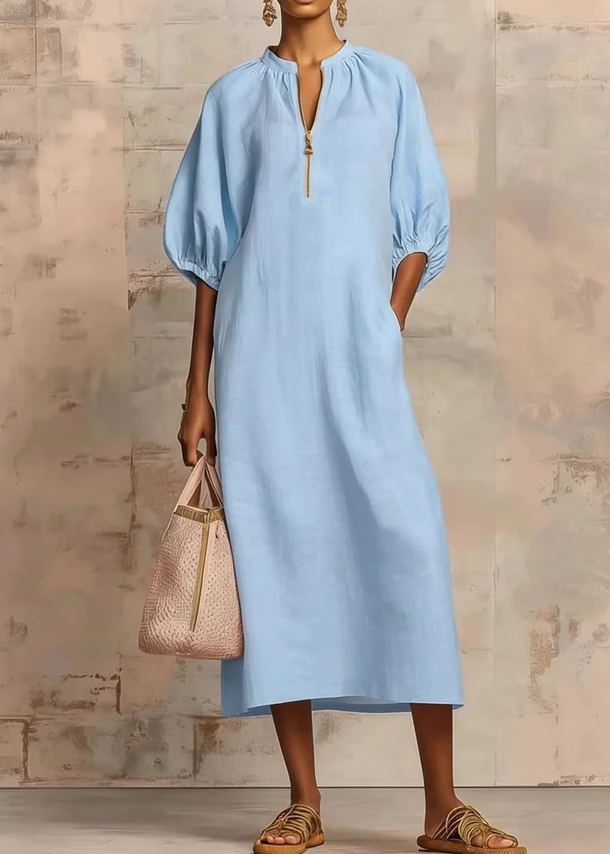 Casual Plus Size Pink Zip Up Puff Sleeve Cotton Dresses - Image 3