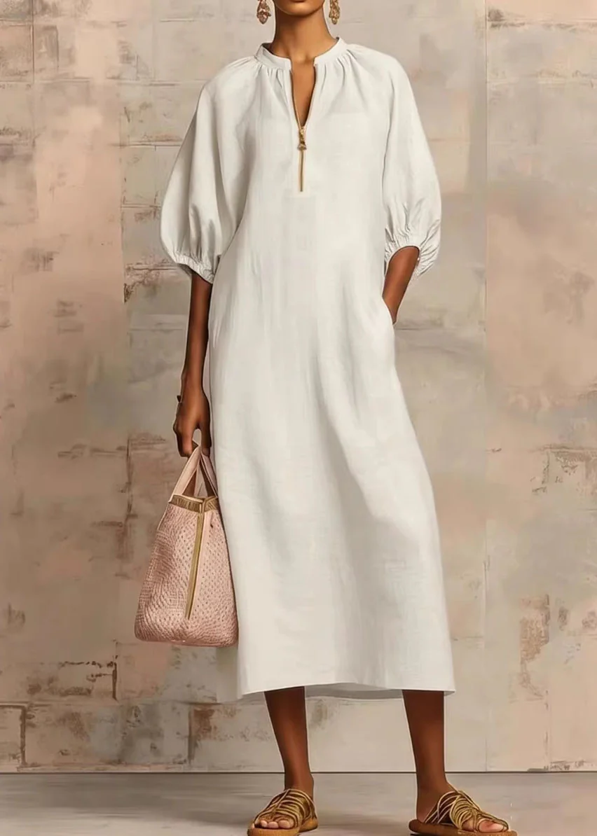 Casual Plus Size Pink Zip Up Puff Sleeve Cotton Dresses - Image 4