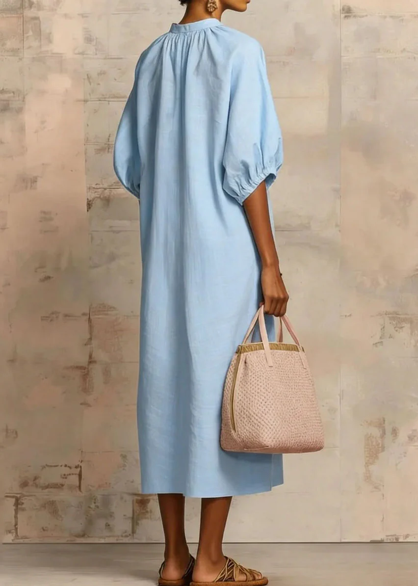 Casual Plus Size Pink Zip Up Puff Sleeve Cotton Dresses - Image 5