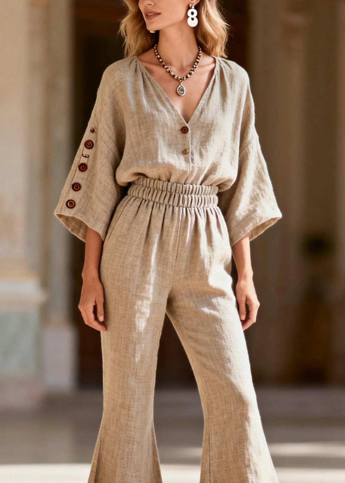 Casual Plus Size V Neck Linen Two Pieces Set Summer - Image 2