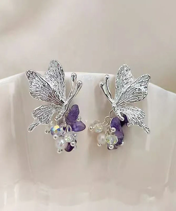 Casual Purple Copper Alloy Zircon Butterfly Pearl Stud Earrings - Image 2