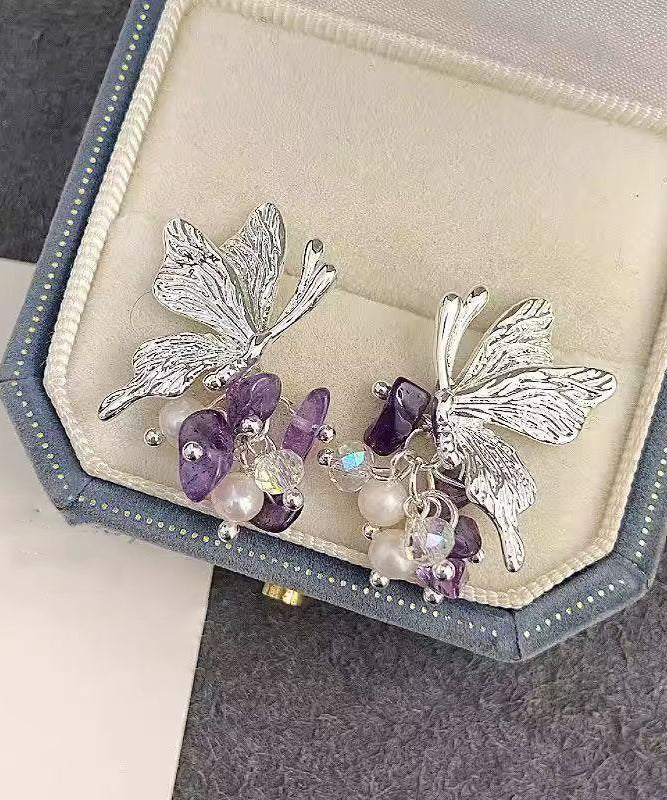 Casual Purple Copper Alloy Zircon Butterfly Pearl Stud Earrings - Image 4