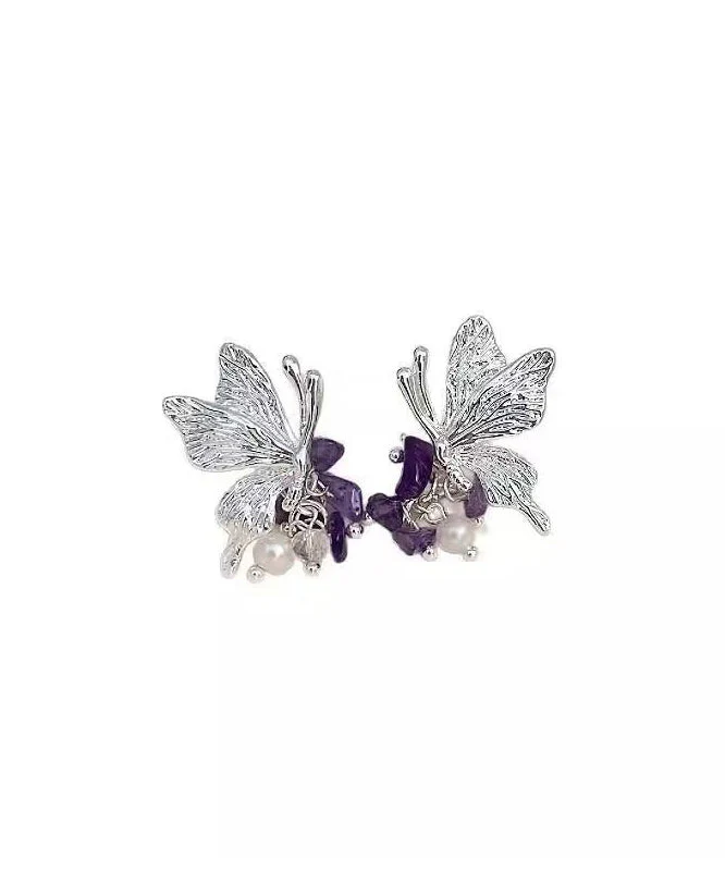 Casual Purple Copper Alloy Zircon Butterfly Pearl Stud Earrings - Image 5