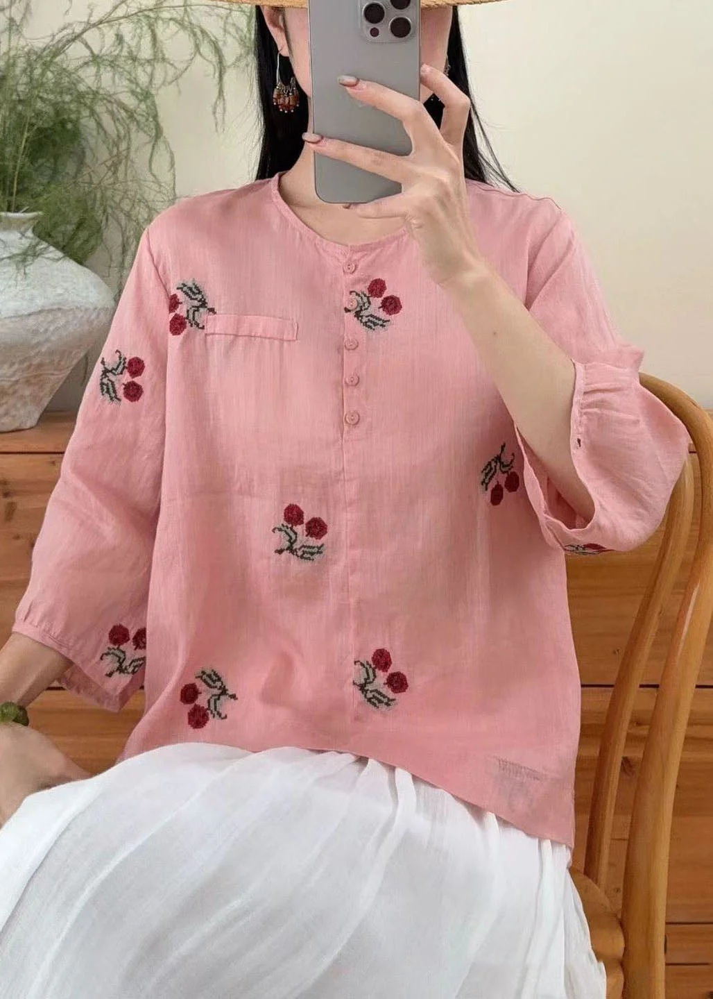 Casual Purple O Neck Embroidered Linen Shirts Summer - Image 3
