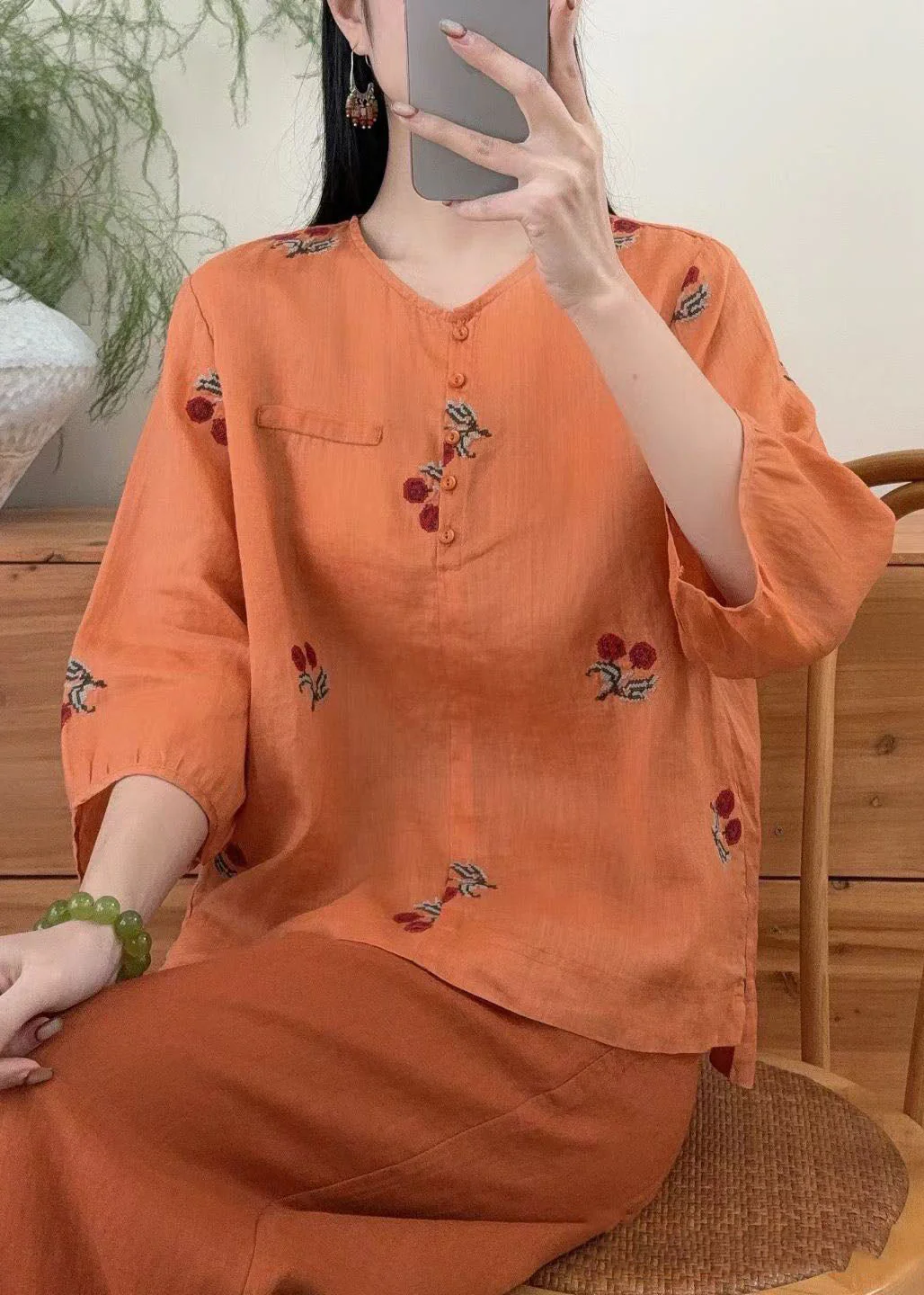 Casual Purple O Neck Embroidered Linen Shirts Summer - Image 4