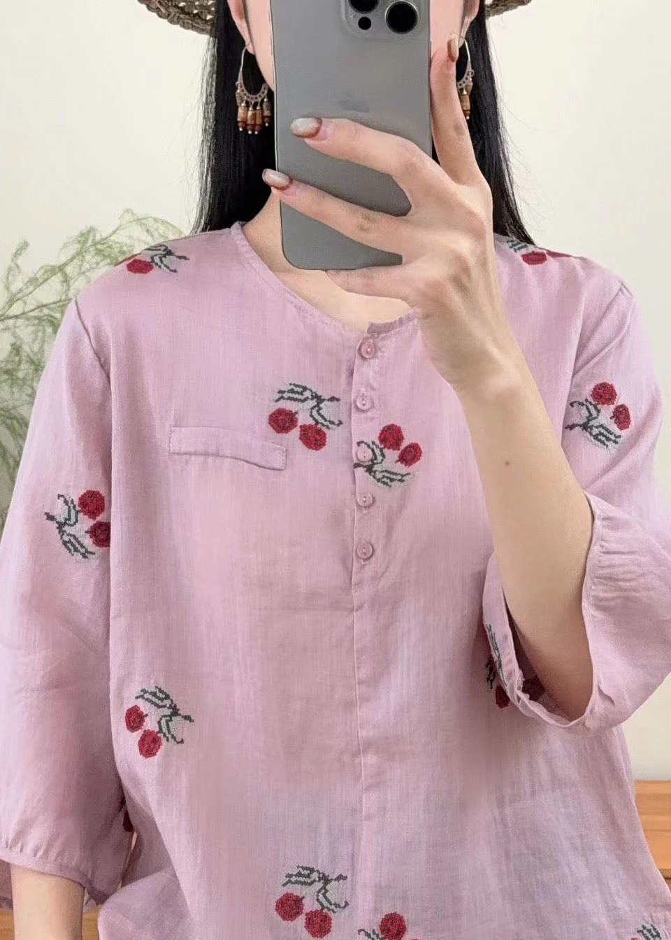 Casual Purple O Neck Embroidered Linen Shirts Summer - Image 5